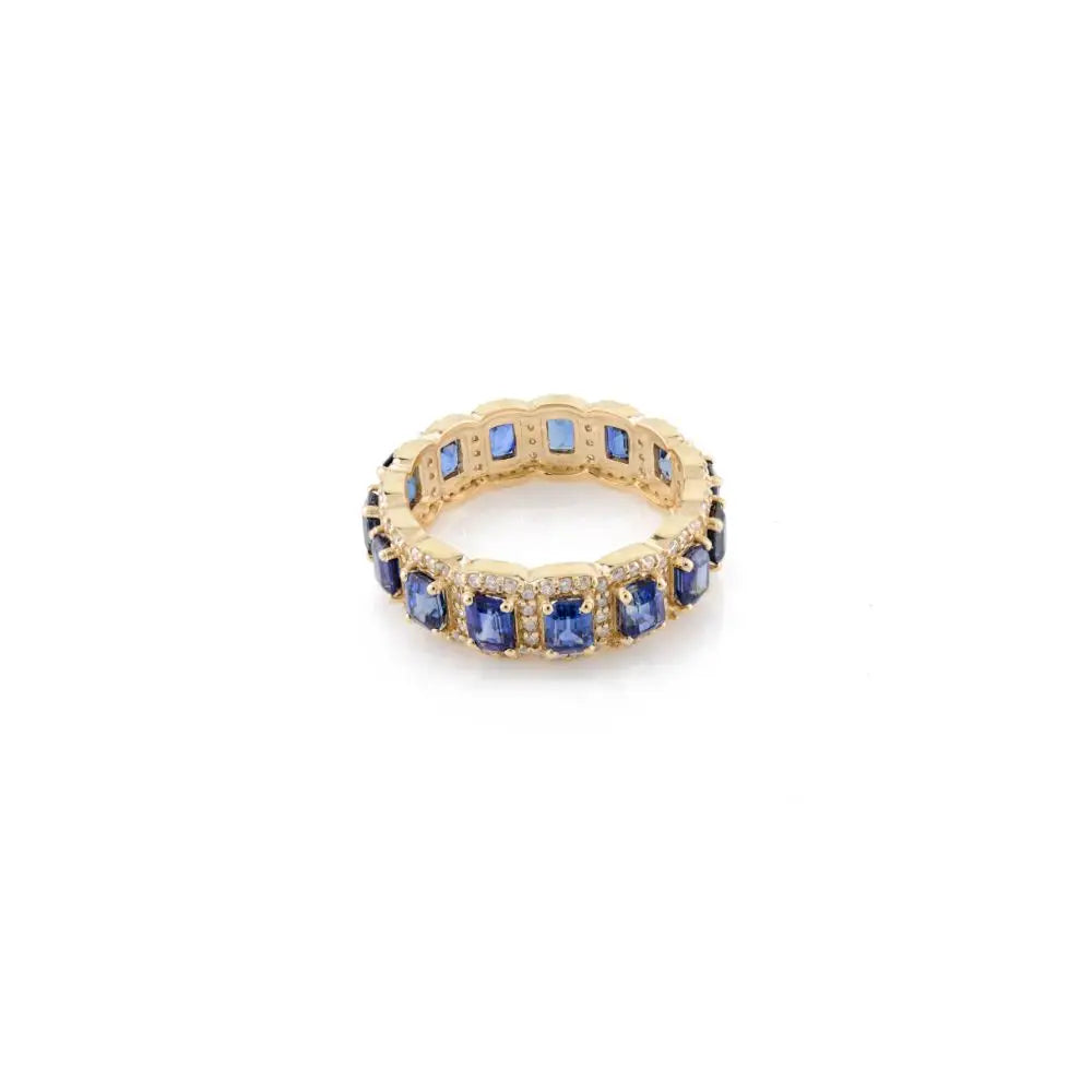 Baguette Cut Blue Sapphire & Diamond Engagement Band Ring in 18k Yellow Gold