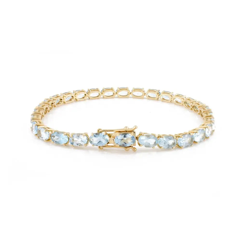 High Quality Oval Cut Aquamarine Tennis Bracelet in 18k Solid Yellow Gold