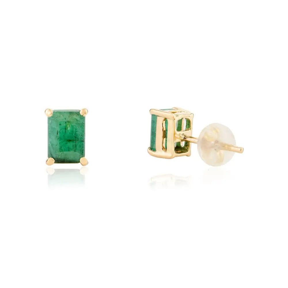 Natural Octagon Cut Emerald Stud Earrings in 18k Solid Yellow Gold