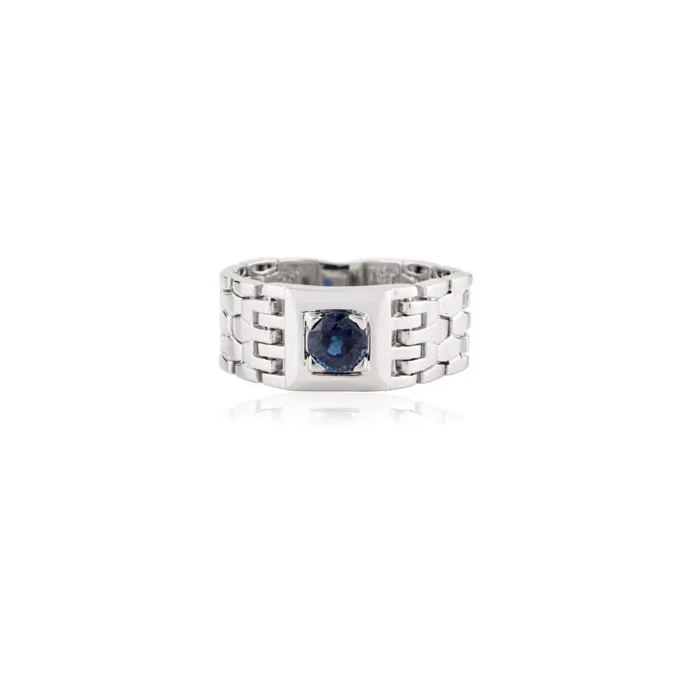 Blue Sapphire & 18k Solid White Gold Everyday Flexible Chain Men's Ring