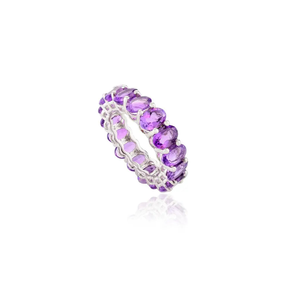 Handmade 14k Solid White Gold Oval Cut Amethyst Full Eternity Band Ring