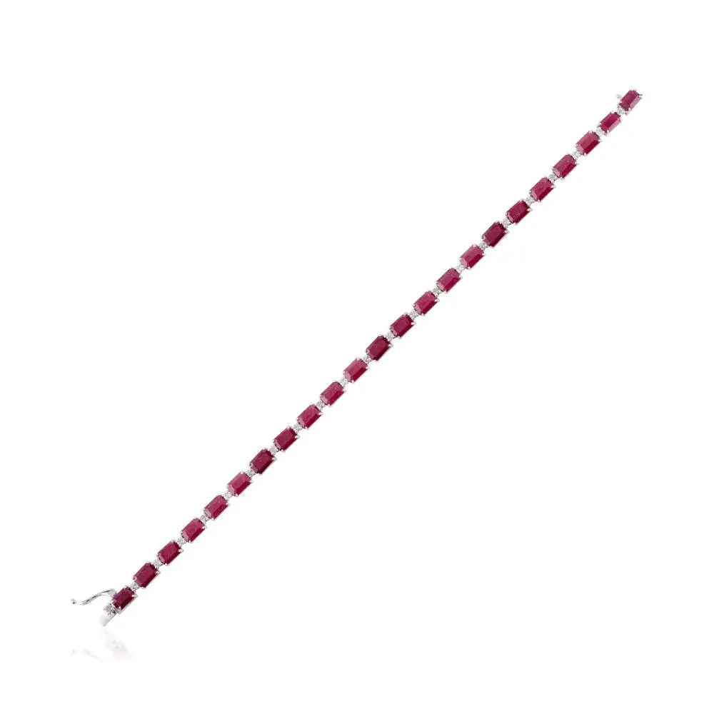 Octagon Cut Ruby & Diamond Tennis Bracelet in 14k Solid White Gold