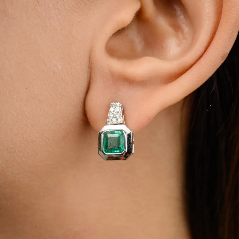 18k Solid White Gold With Emerald & Diamond Wedding Stud Earrings