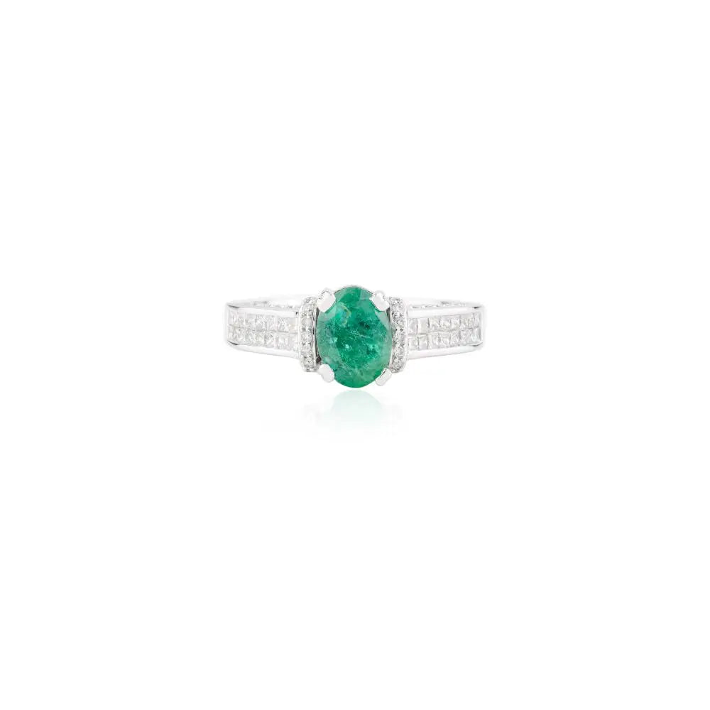 Best Quality Oval Cut Emerald & Diamond Engagement Ring in 18k White Gold