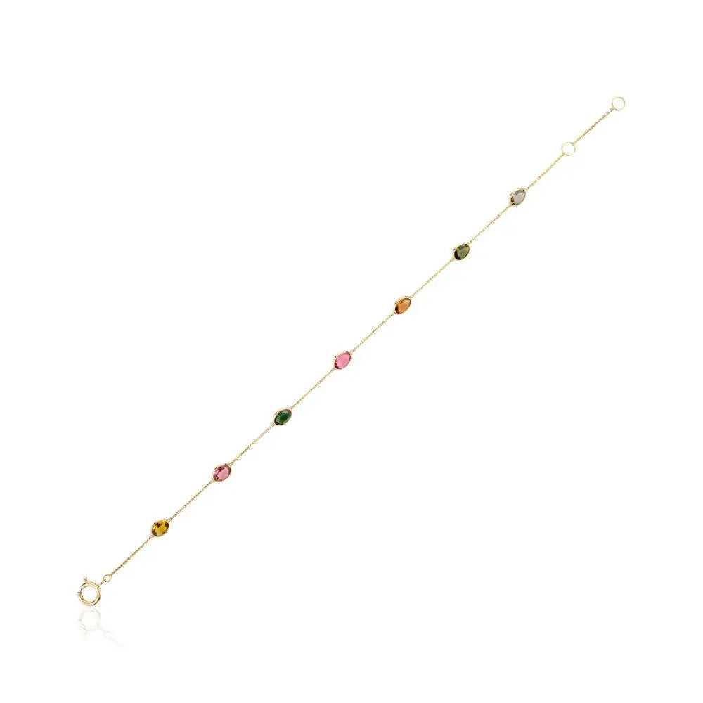 Natural Multi Tourmaline Station Chain Bracelet in 18k Solid Yellow Gold