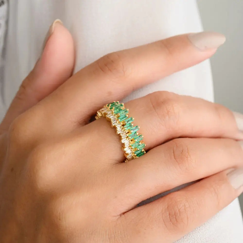Classic Design Baguette Cut Emerald & Diamond Eternity Band Ring in 18k Yellow Gold
