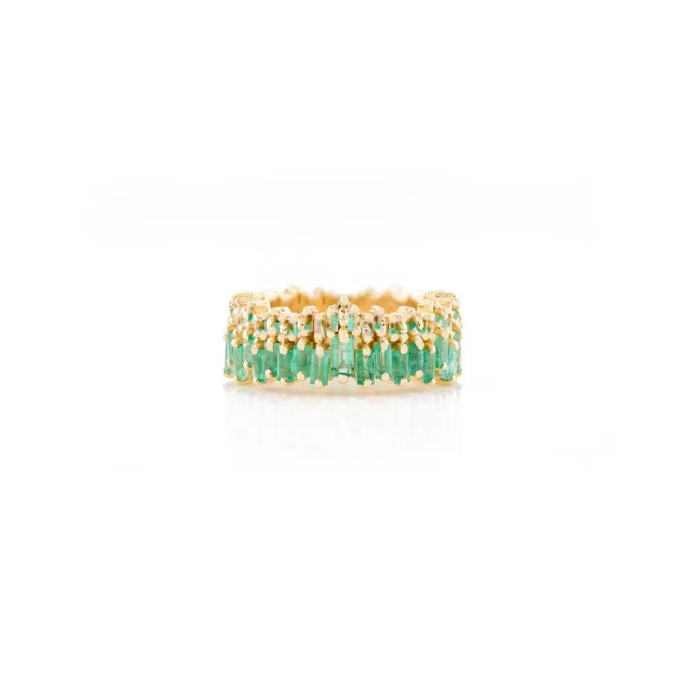 Classic Design Baguette Cut Emerald & Diamond Eternity Band Ring in 18k Yellow Gold