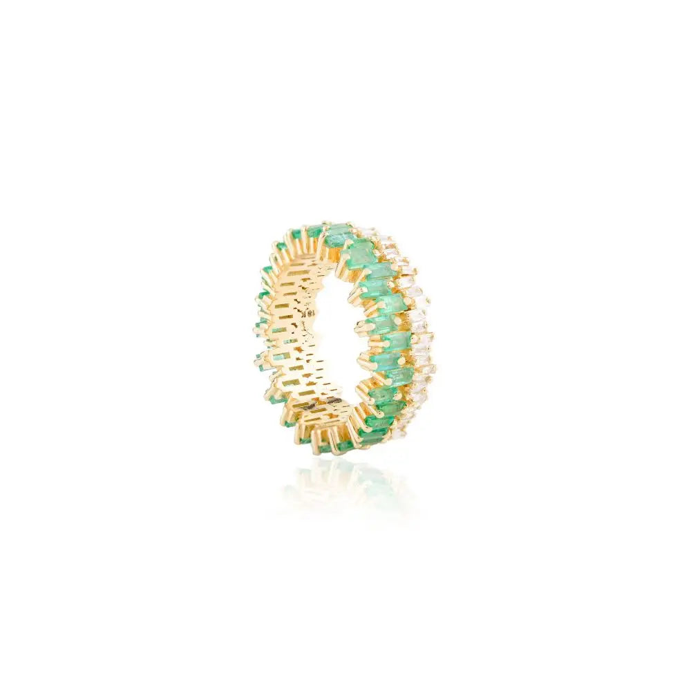 Classic Design Baguette Cut Emerald & Diamond Eternity Band Ring in 18k Yellow Gold
