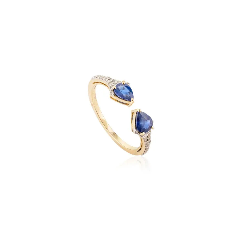 Two Stone Open Stackable Ring in Pear Cut Blue Sapphire & Diamond