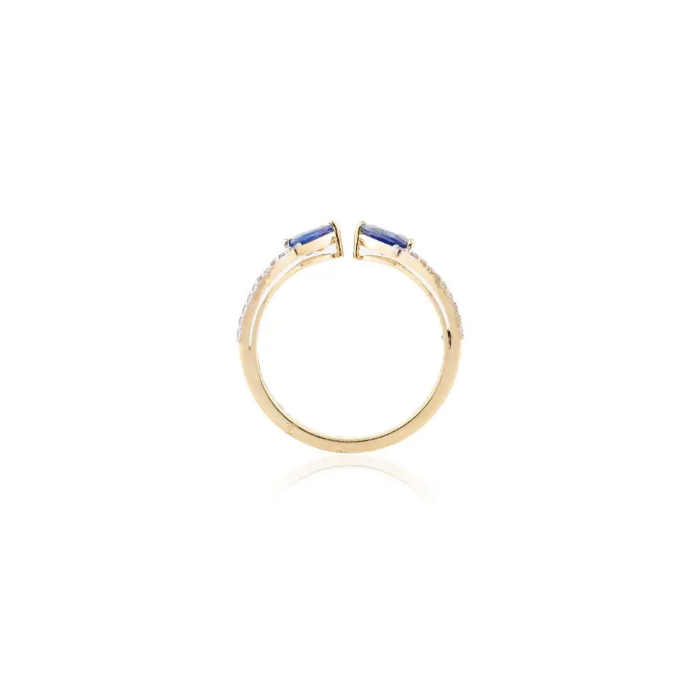 Two Stone Open Stackable Ring in Pear Cut Blue Sapphire & Diamond