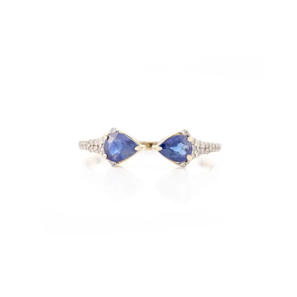 Two Stone Open Stackable Ring in Pear Cut Blue Sapphire & Diamond