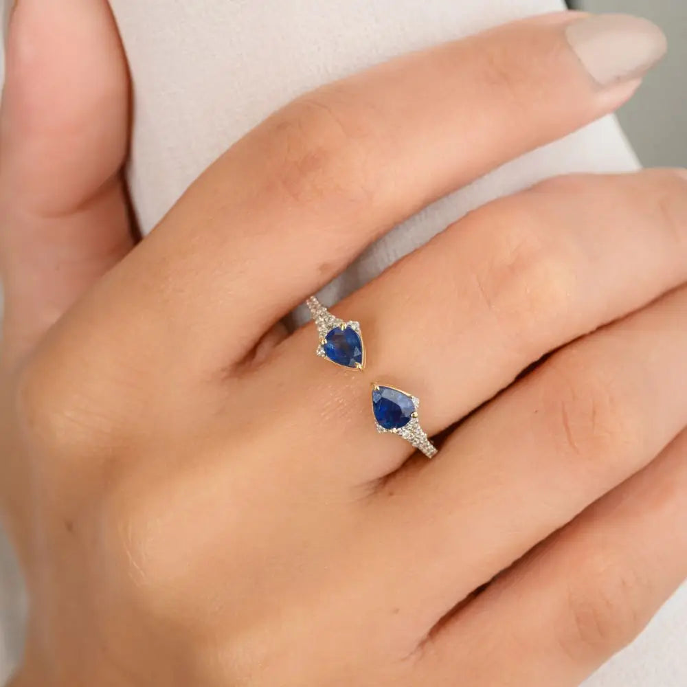 Two Stone Open Stackable Ring in Pear Cut Blue Sapphire & Diamond