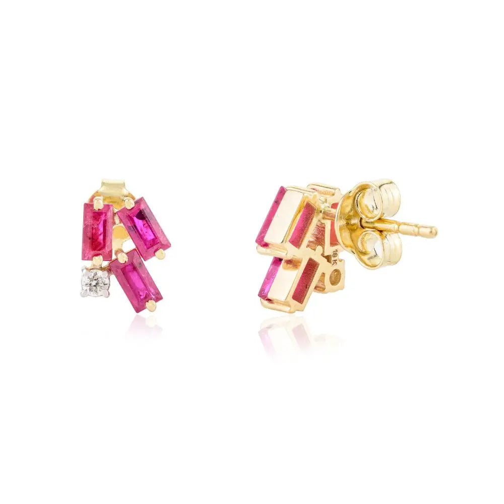 Newly Designed 18k Yellow Gold With Natural Ruby and Diamond Stud Earrings