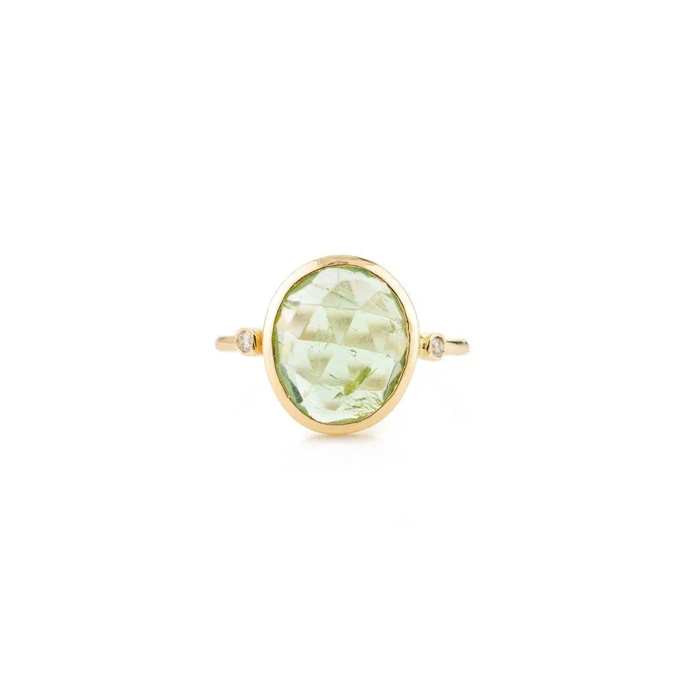 Handmade 18k Yellow Gold Tourmaline & Diamond Three Stone Ring