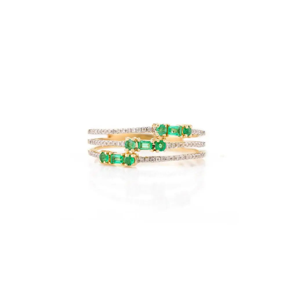High Quality Emerald & Diamond Three Layer Band Ring Jewelry