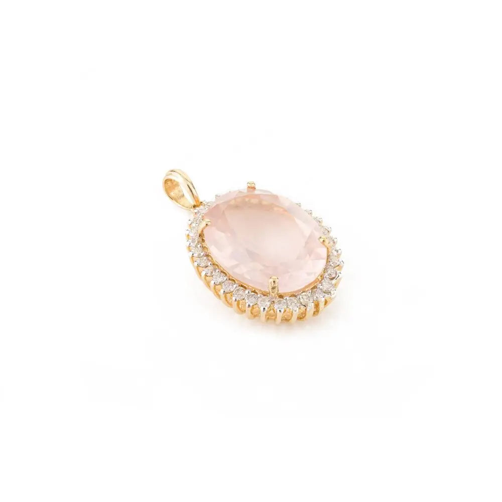 14k Solid Yellow Gold Rose Quartz Statement Pendant with Diamonds