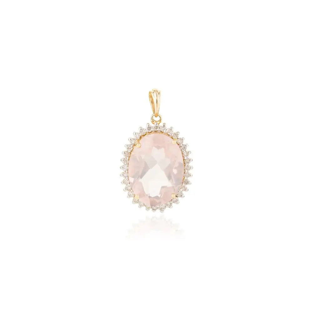 14k Solid Yellow Gold Rose Quartz Statement Pendant with Diamonds