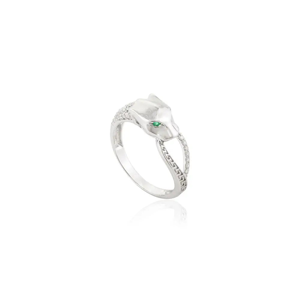 Emerald & Diamond Panther Cocktail Ring in 14k Real White Gold Jewelry