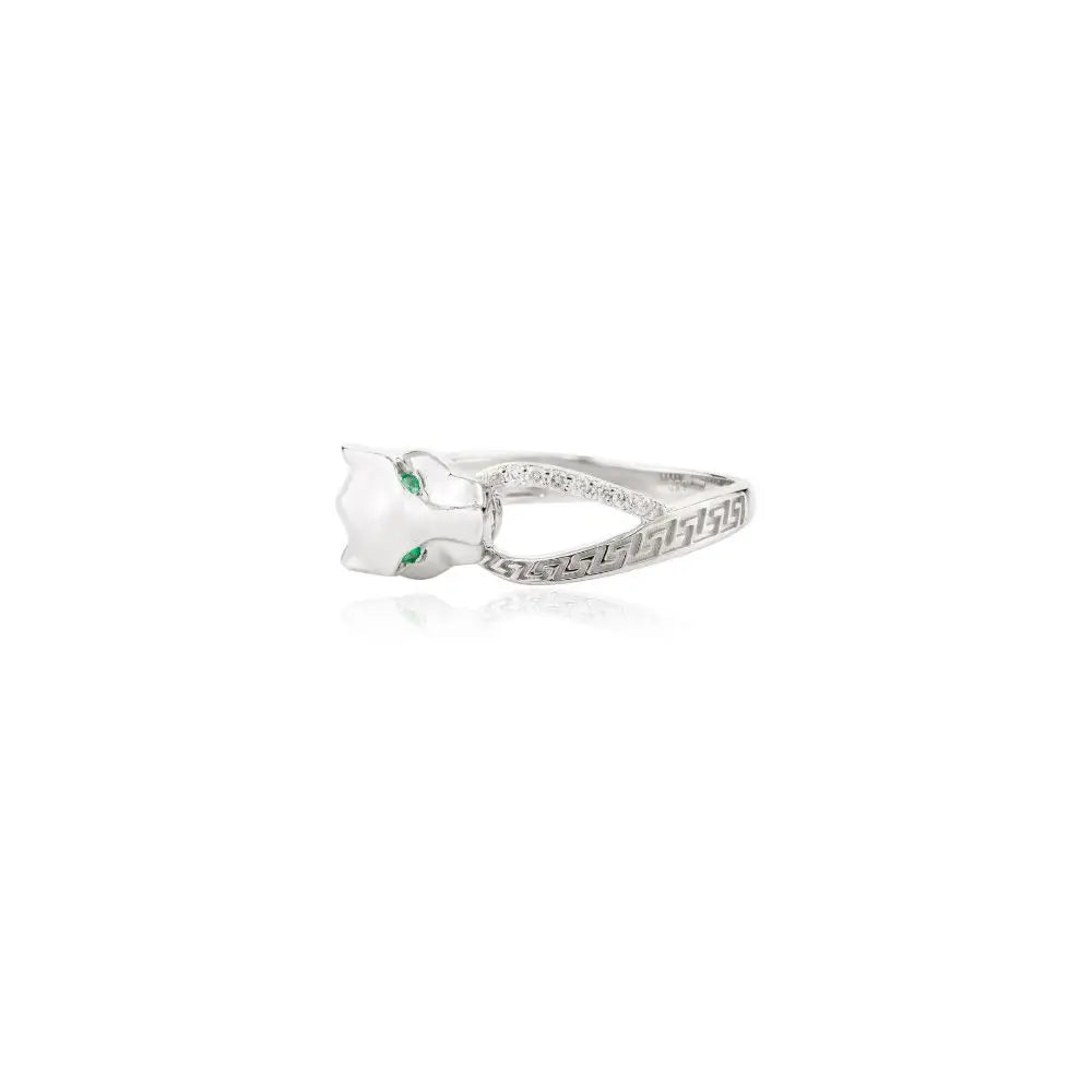 Emerald & Diamond Panther Cocktail Ring in 14k Real White Gold Jewelry