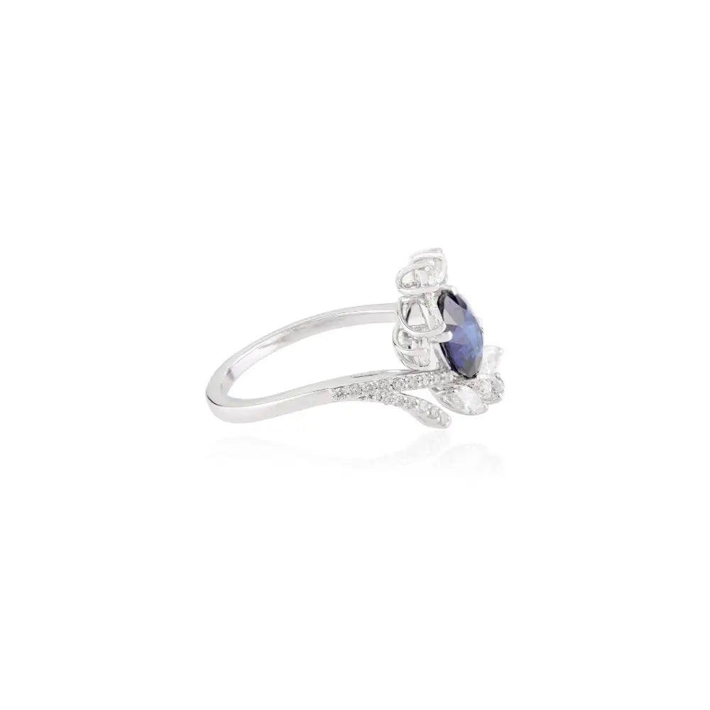 18k Solid White Gold & Royal Blue Sapphire Diamond Wedding Ring