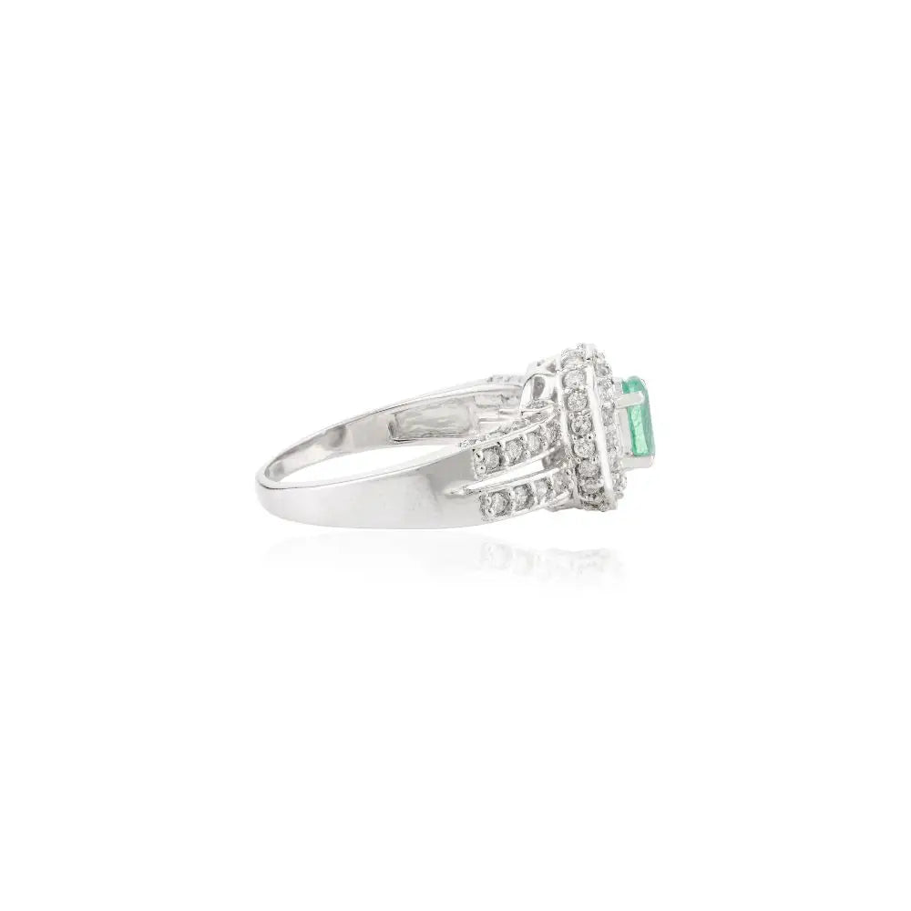 14K Solid White Gold Oval Cut Emerald & Diamond Engagement Ring