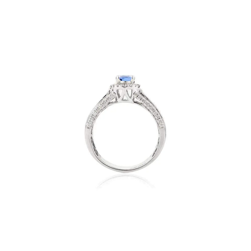Blue Sapphire & Diamond Engagement Ring With 18k Solid White Gold