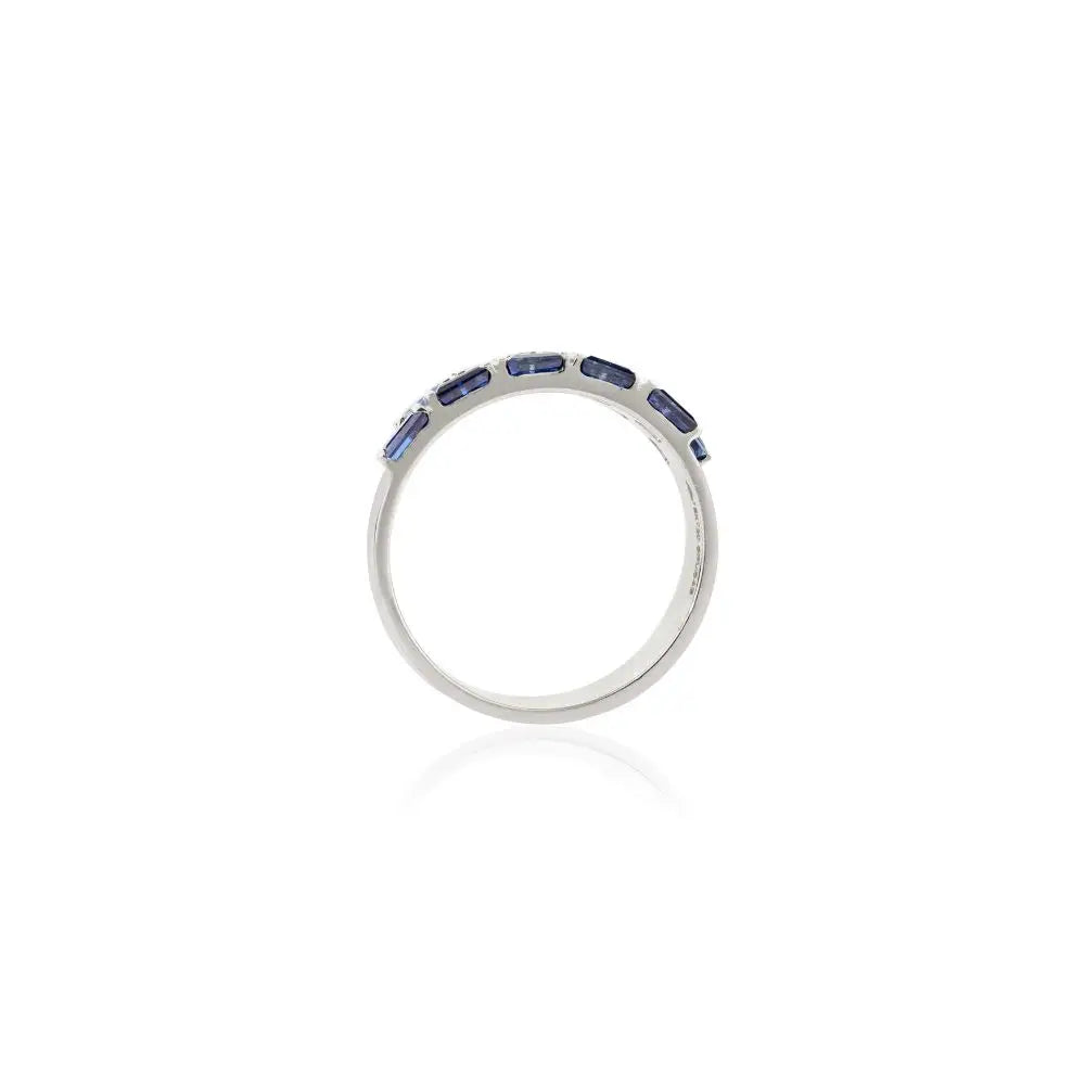 Natural Baguette Cut Blue Sapphire Bar Set Band Ring in 18k Solid White Gold