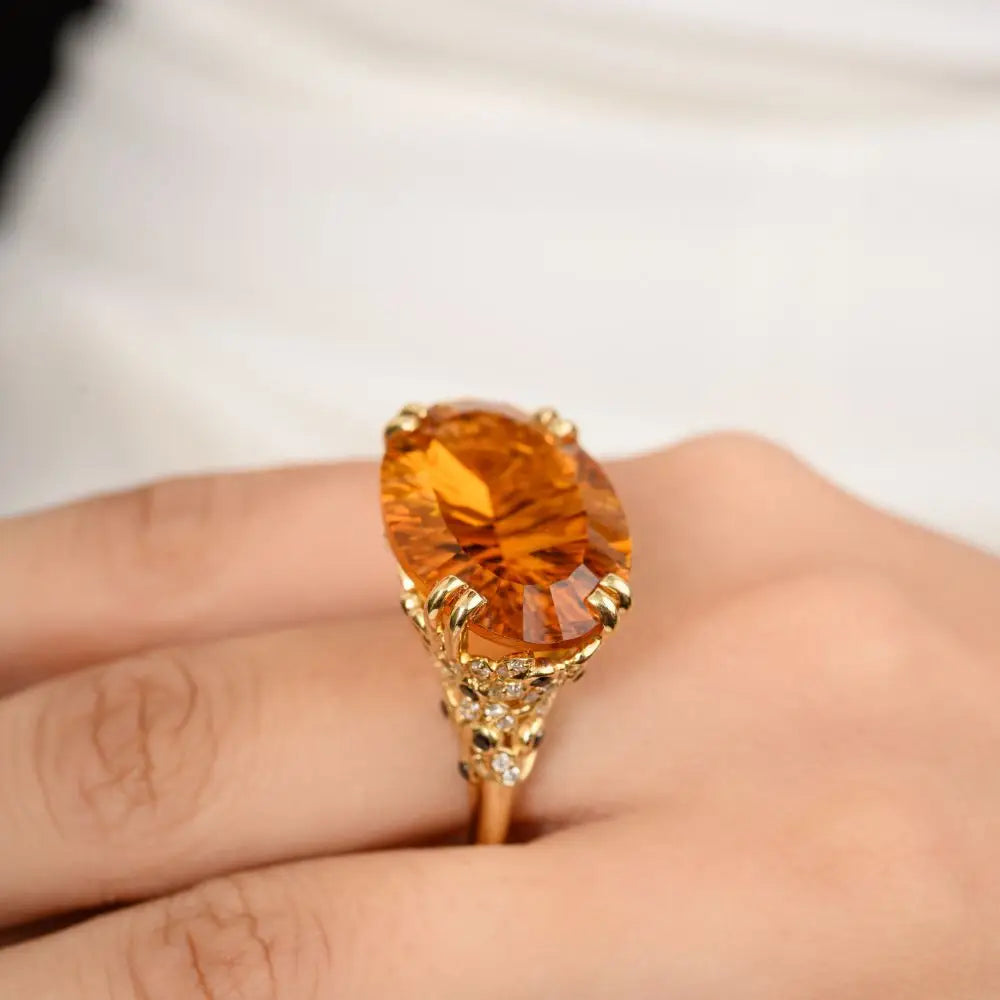 Luxurious 14k Solid Yellow Gold With Citrine & Diamond Regal Cocktail Ring
