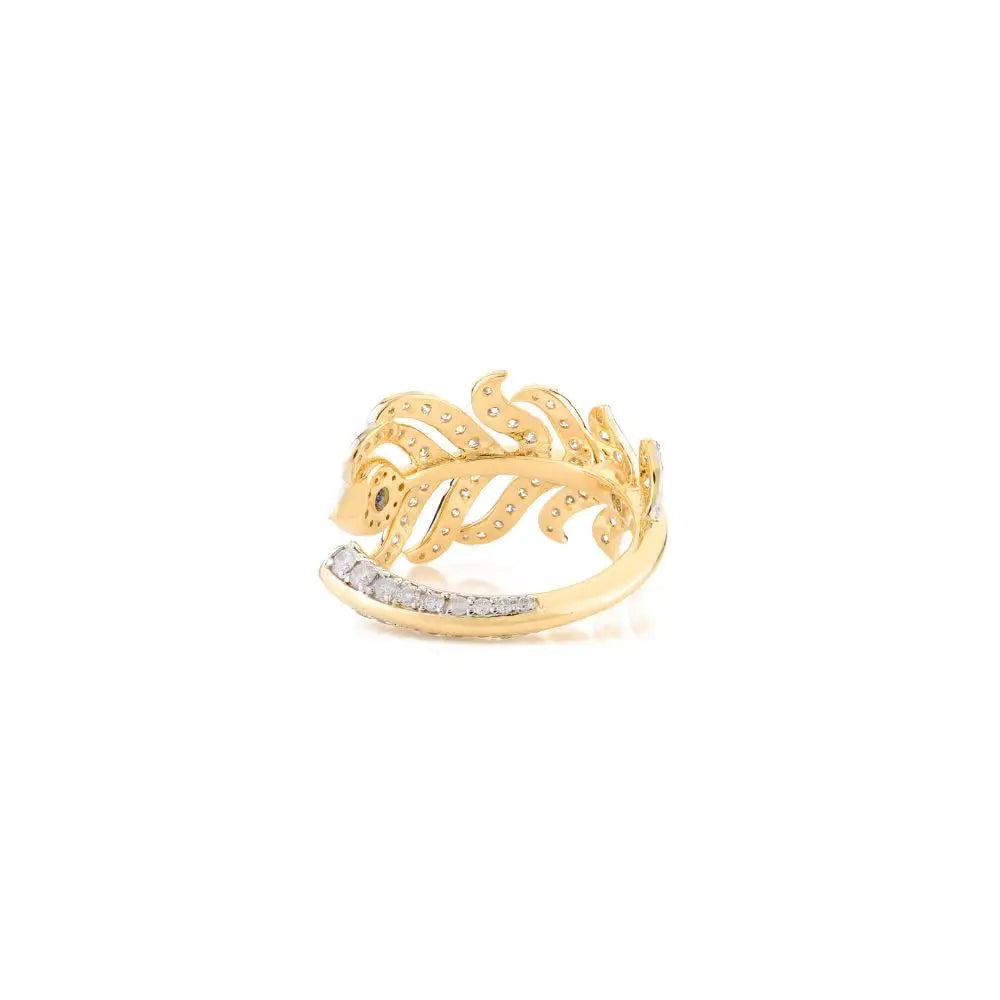 18k Yellow Gold With Blue Sapphire & Diamond Peacock Feather Open Ring