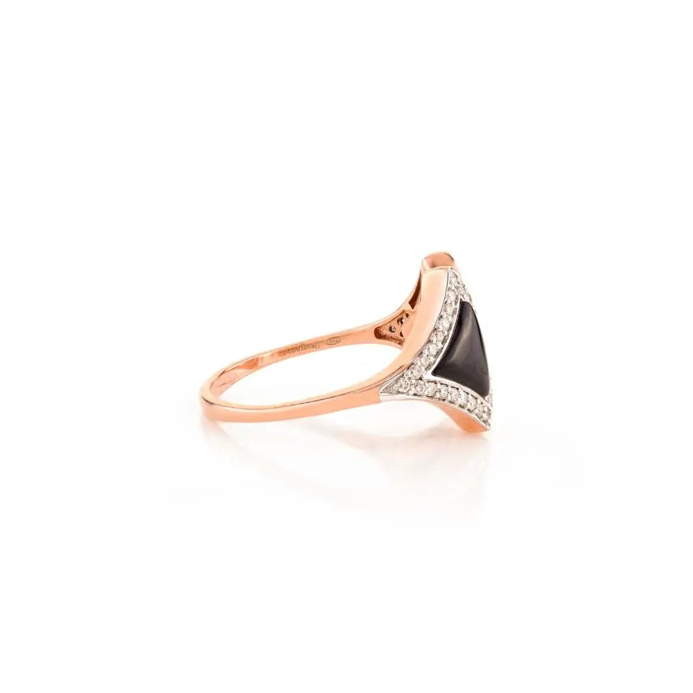 Black Onyx Fan Shape With Diamonds Open Ring in 18k Solid Rose Gold