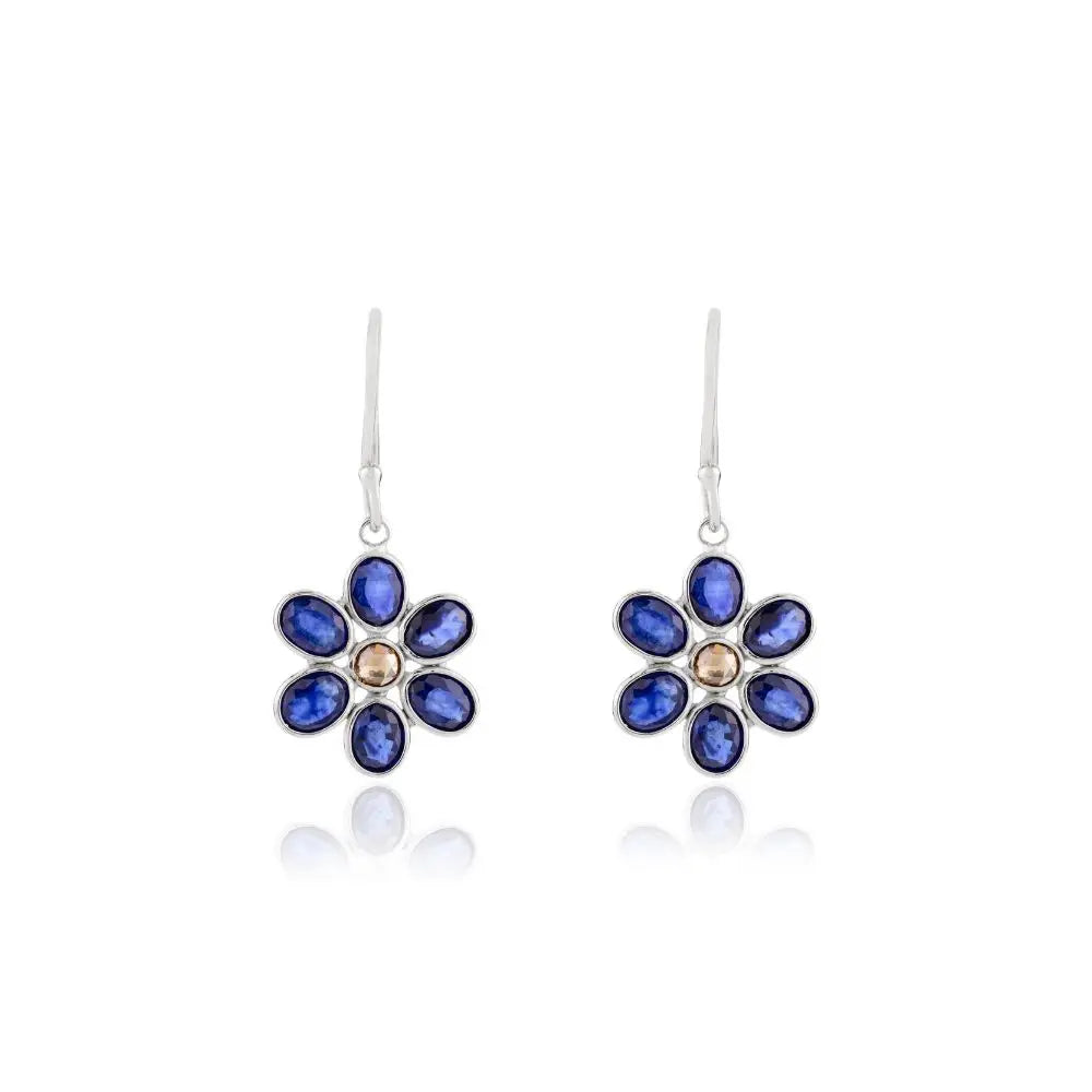18k White Gold With Blue Sapphire & Diamond Floral Drop Earrings For Women