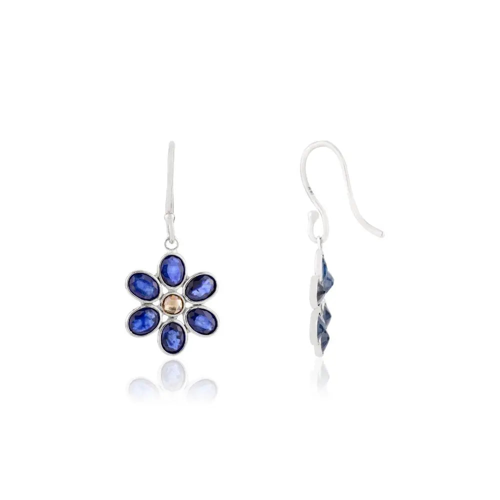 18k White Gold With Blue Sapphire & Diamond Floral Drop Earrings For Women