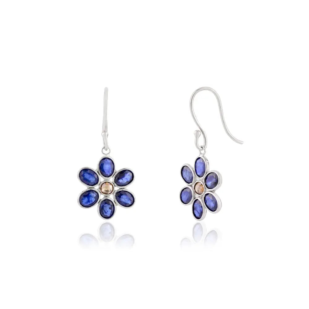 18k White Gold With Blue Sapphire & Diamond Floral Drop Earrings For Women