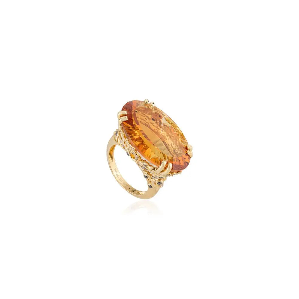 Luxurious 14k Solid Yellow Gold With Citrine & Diamond Regal Cocktail Ring