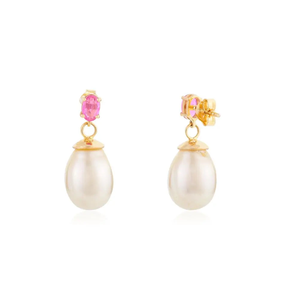 Pearl & Pink Sapphire With Diamond Drop Earrings Made in 18k Yellow Gold