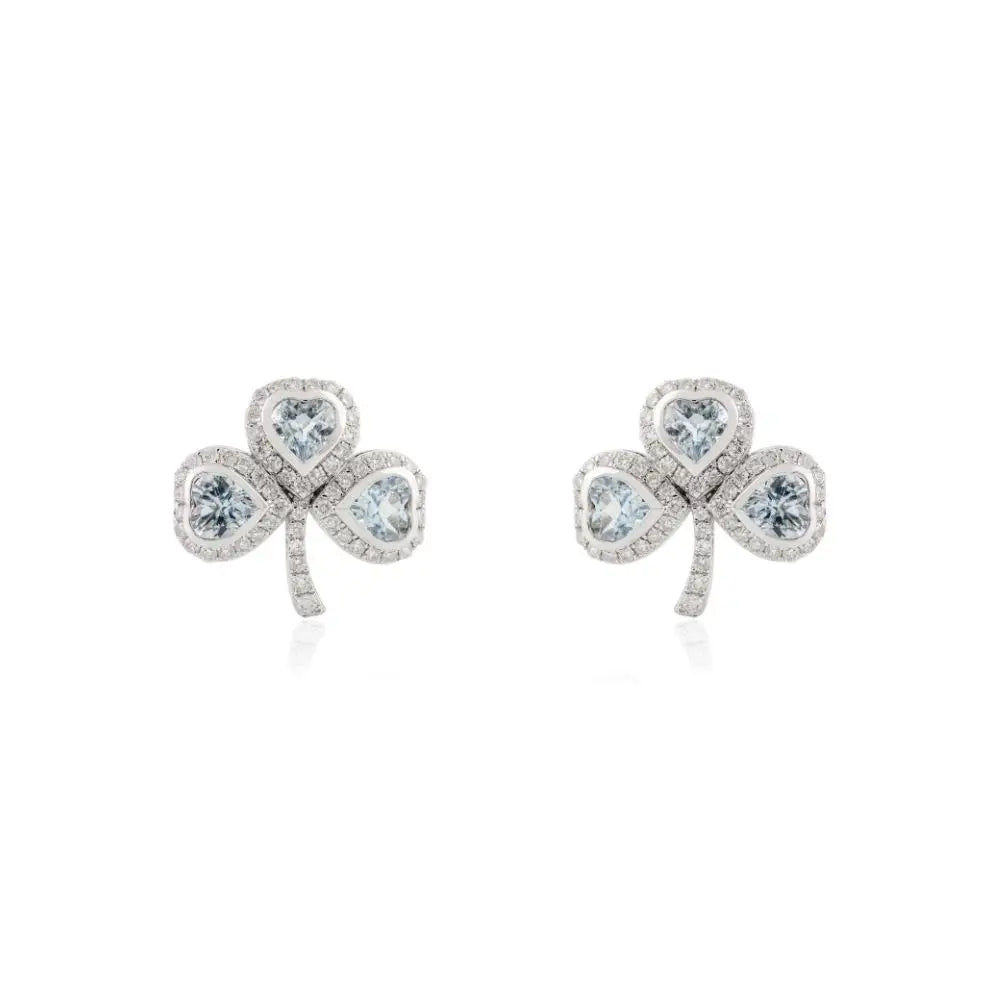 Aquamarine & Diamond Clover Wedding Stud Earrings in 18k White Gold
