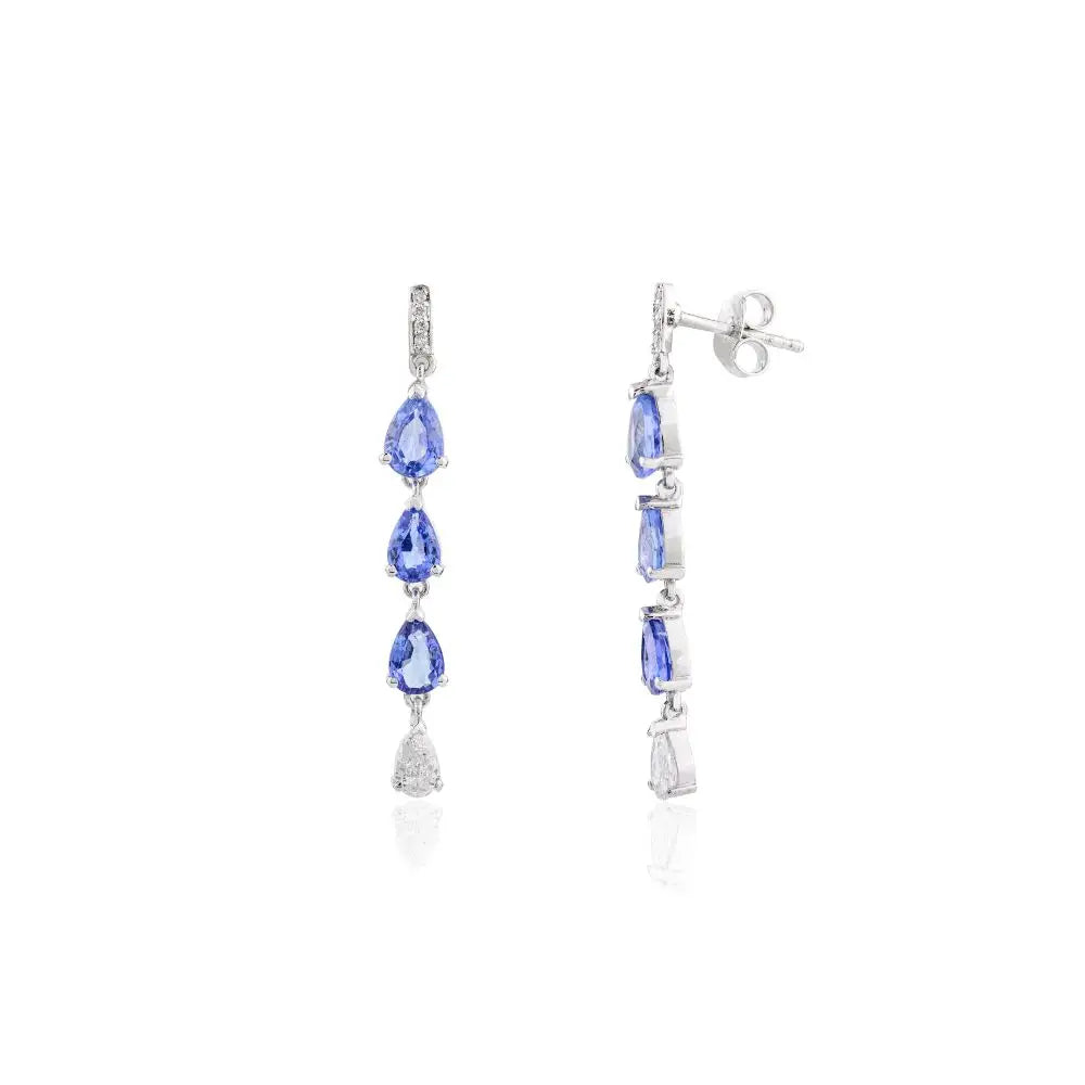 Natural Pear Cut Blue Sapphire & Diamond Teardrop Earrings in 18k Gold