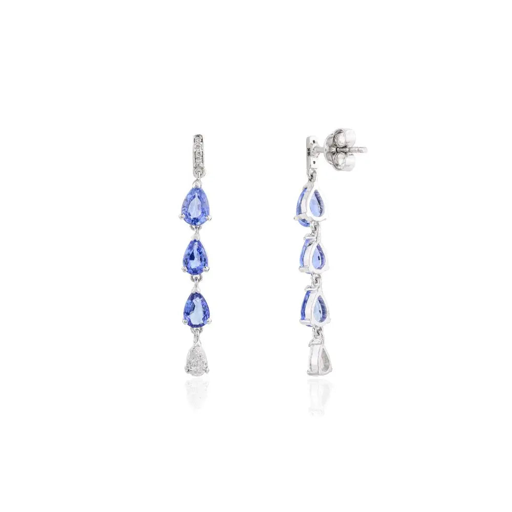 Natural Pear Cut Blue Sapphire & Diamond Teardrop Earrings in 18k Gold