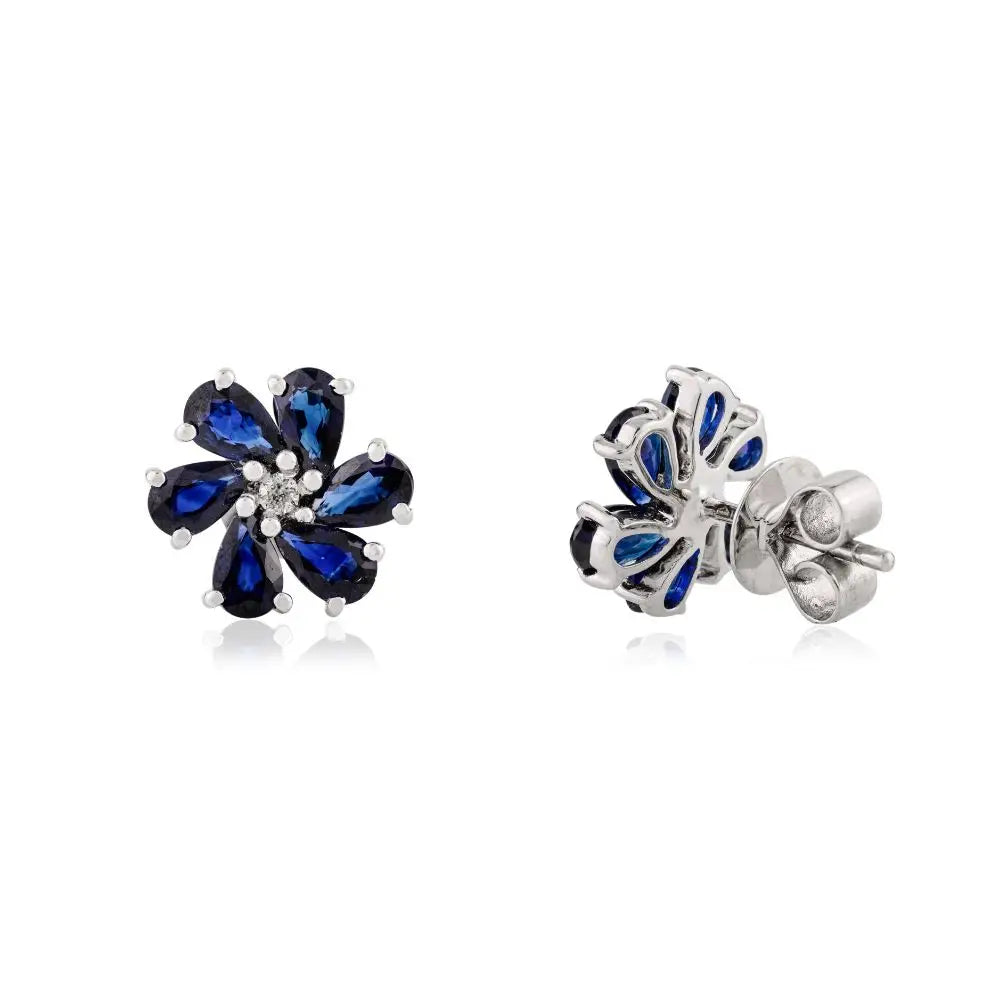 18K Real White Gold Blue Sapphire & Diamond Flower Stud Earrings
