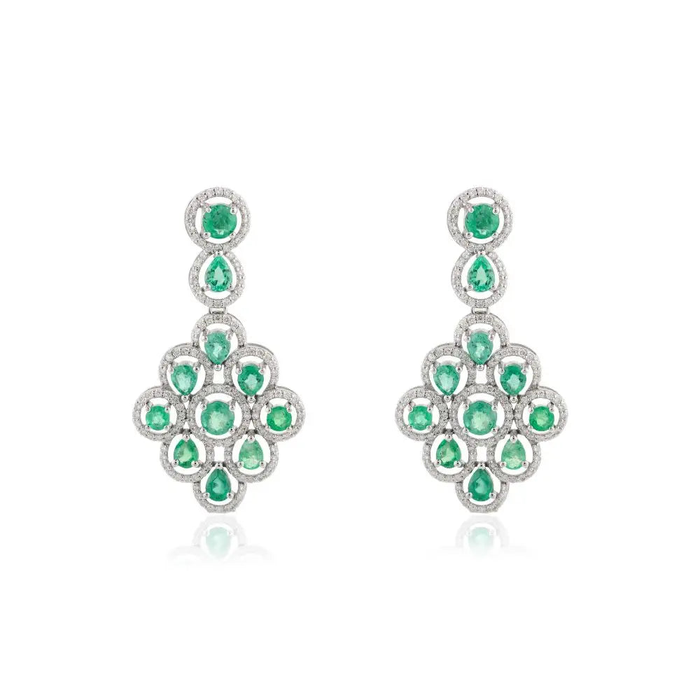 Emerald & Diamond Wedding Dangle Earrings in 14k Solid White Gold