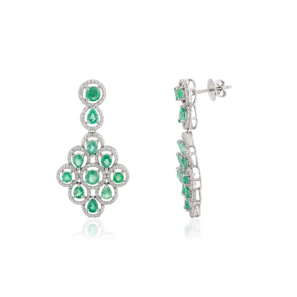 Emerald & Diamond Wedding Dangle Earrings in 14k Solid White Gold