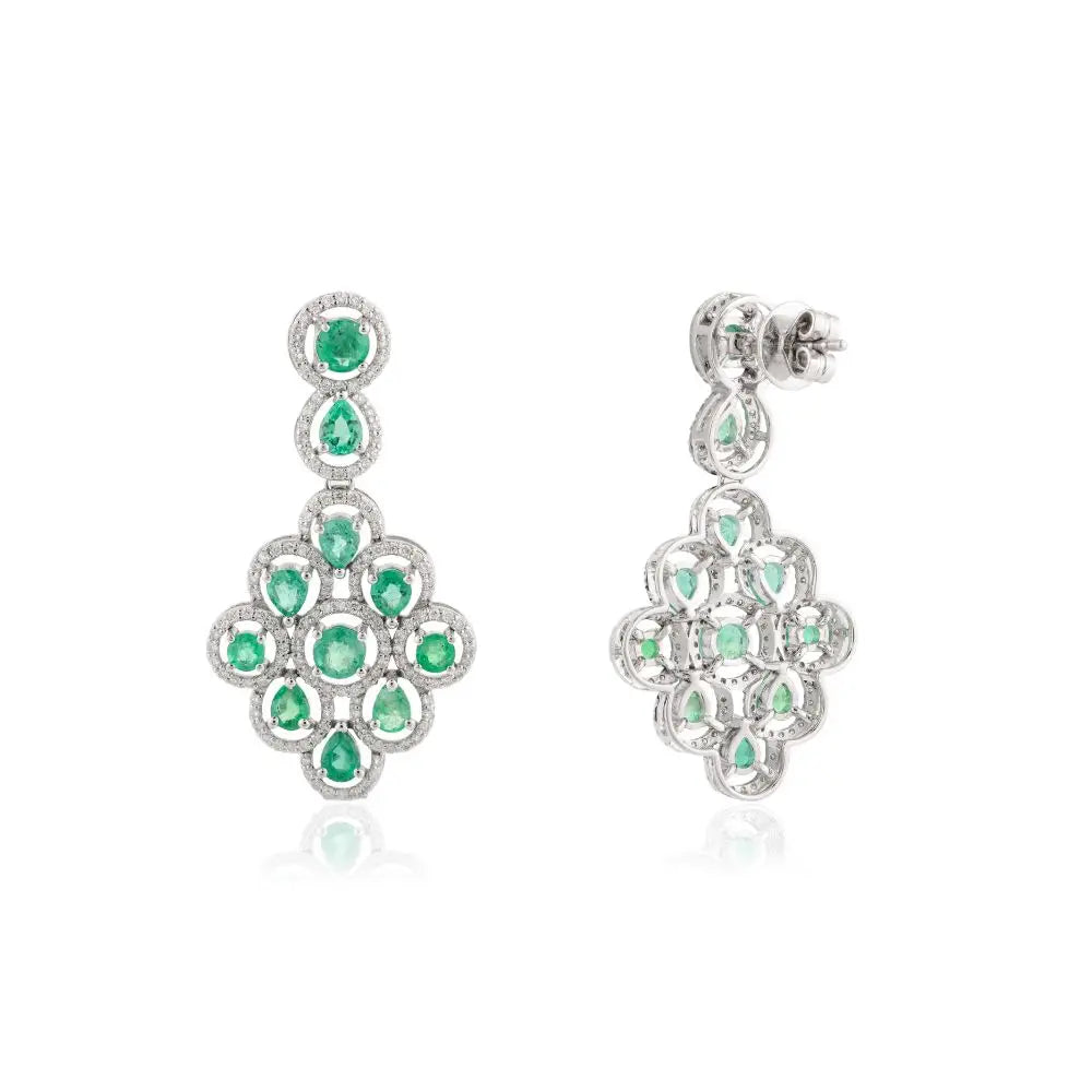 Emerald & Diamond Wedding Dangle Earrings in 14k Solid White Gold