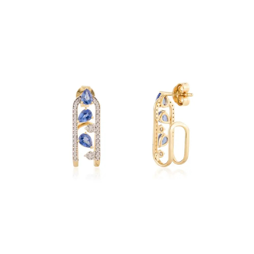 18k Solid Yellow Gold Blue Sapphire & Diamond U Shape Wedding Earrings