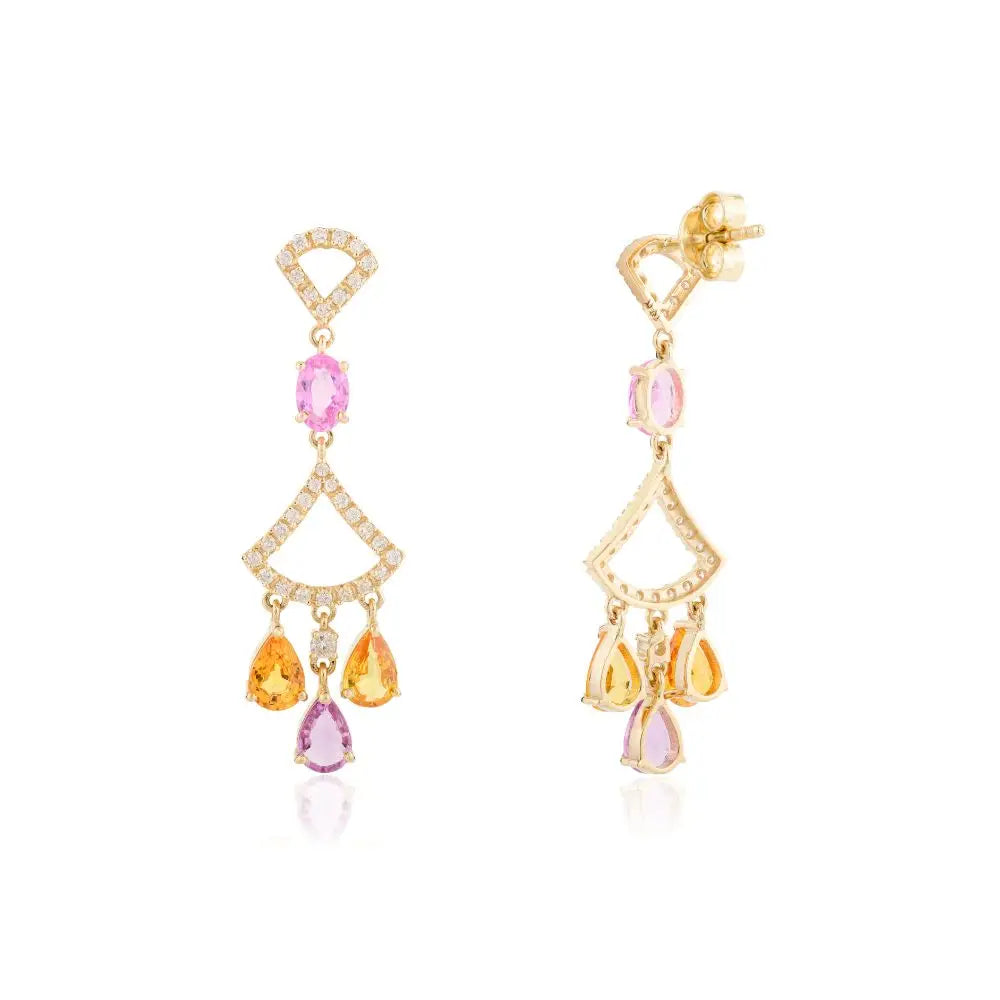 18k Yellow Gold With Multi Sapphire & Diamond Chandelier Earrings