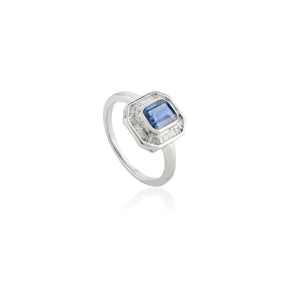 Natural Blue Sapphire & Diamond Engagement Ring in 18k Solid White Gold