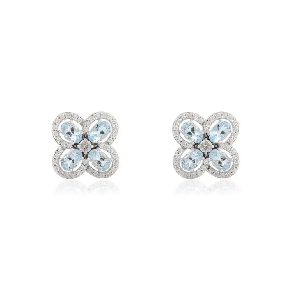 14k White Gold Aquamarine & Diamond Floral Stud Earrings