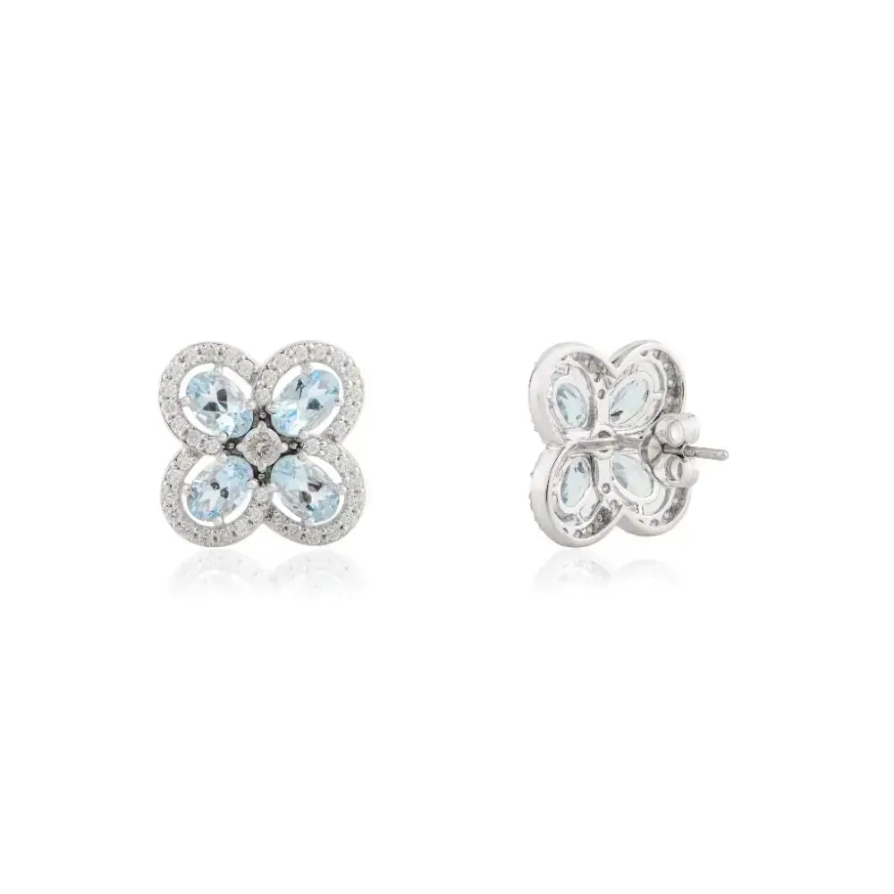 14k White Gold Aquamarine & Diamond Floral Stud Earrings