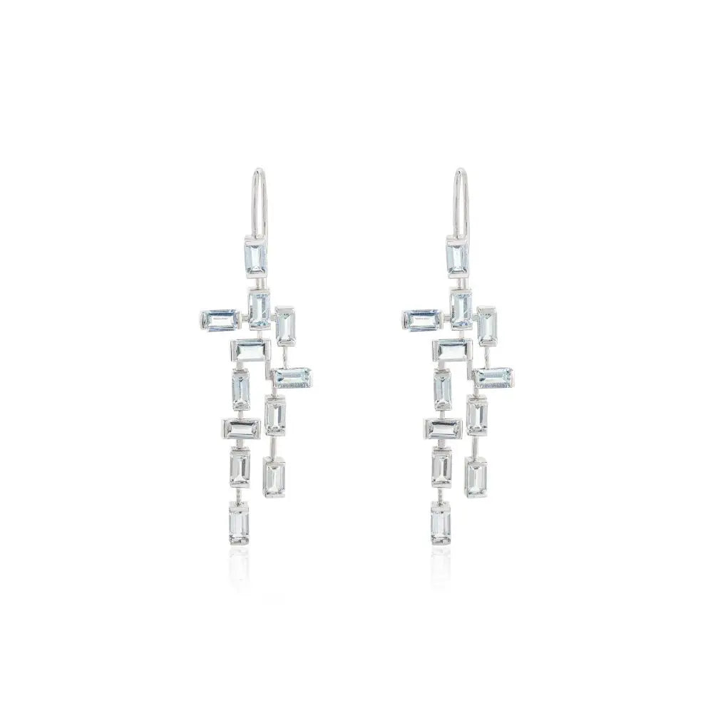 Baguette Cut Aquamarine Chandelier Dangle Earrings in 18k White Gold