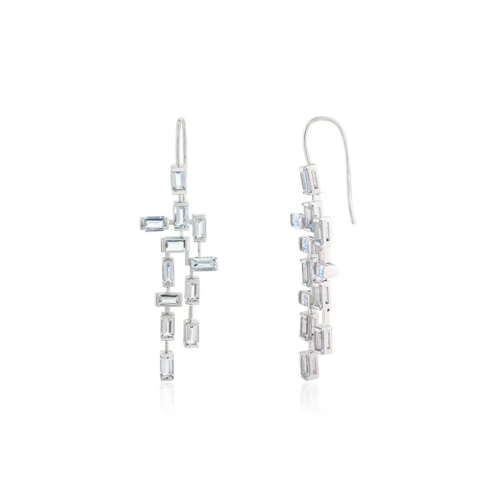 Baguette Cut Aquamarine Chandelier Dangle Earrings in 18k White Gold