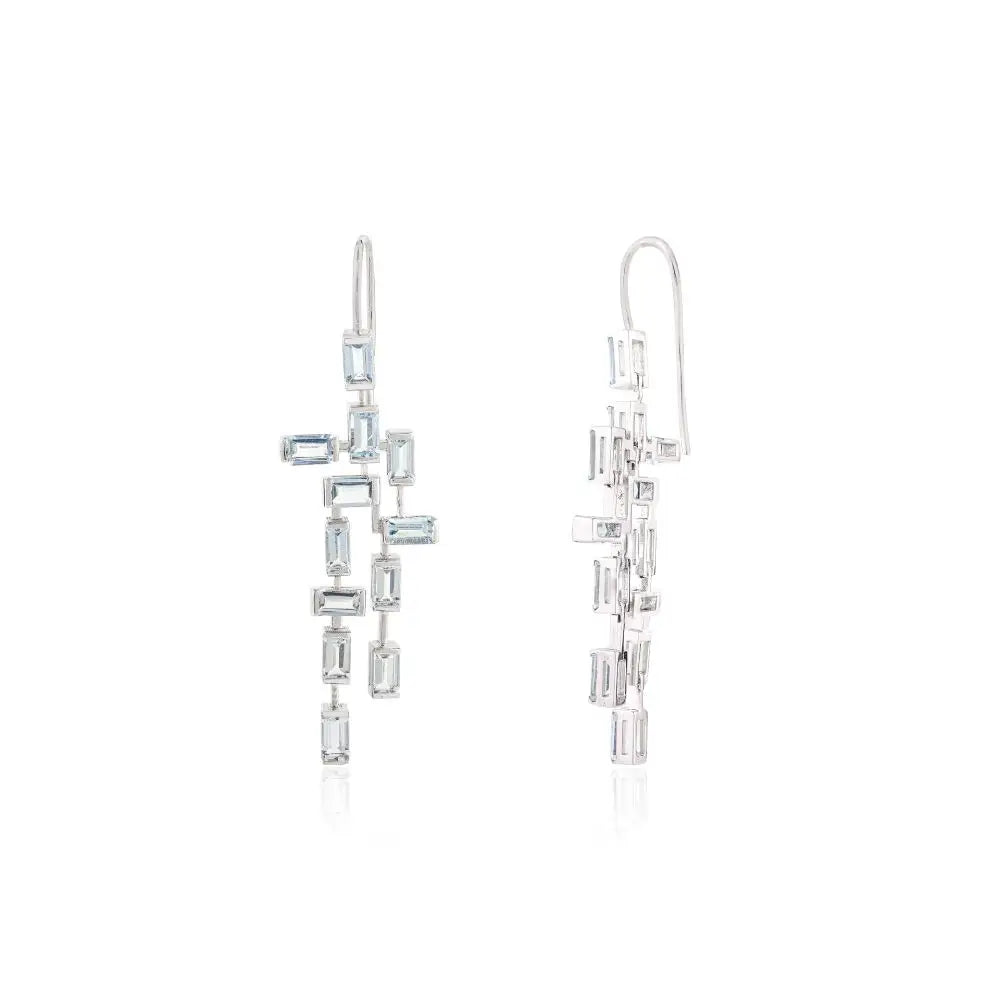 Baguette Cut Aquamarine Chandelier Dangle Earrings in 18k White Gold